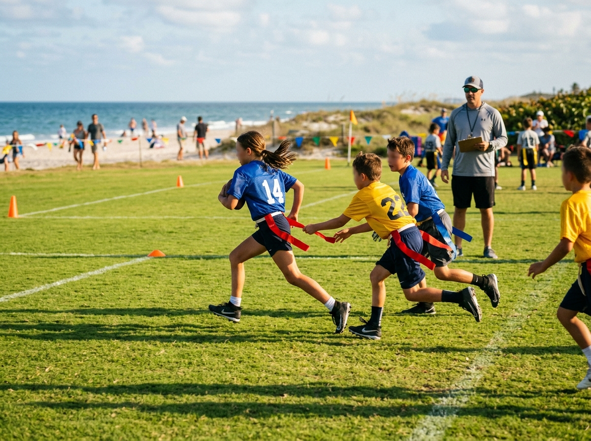 Youth flag football near the beach