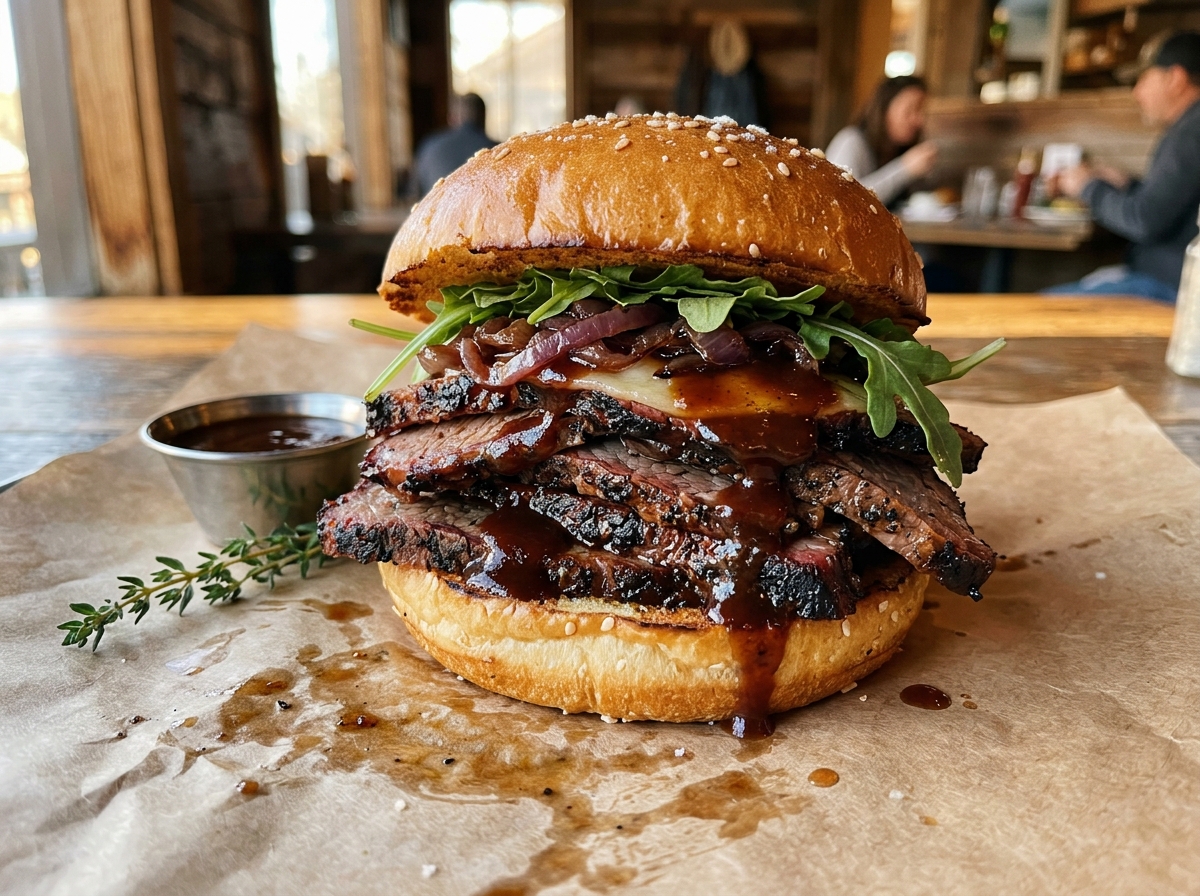 Slow-smoked tri-tip sandwich on a fresh roll